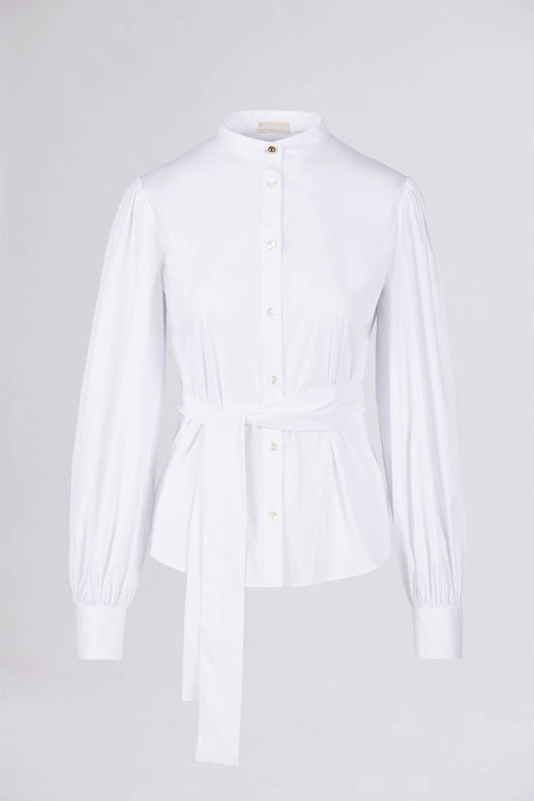 Alba Ruffo => MANDARIN COLLAR WHITE POPLIN SHIRT WITH WAIST BELT Shirts - BREMBATI