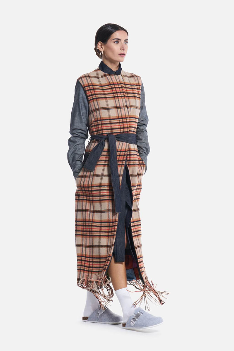 Mathi Janu => Checked wool-blend fringed long ves Outerwear - BREMBATI