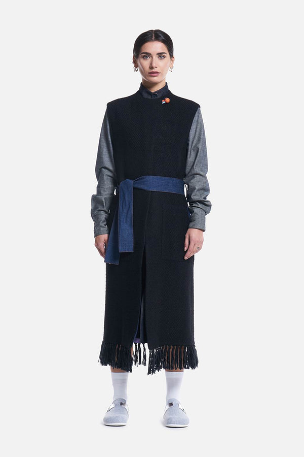 Mathi Janu => Wool-blend fringed long vest in black Outerwear - BREMBATI