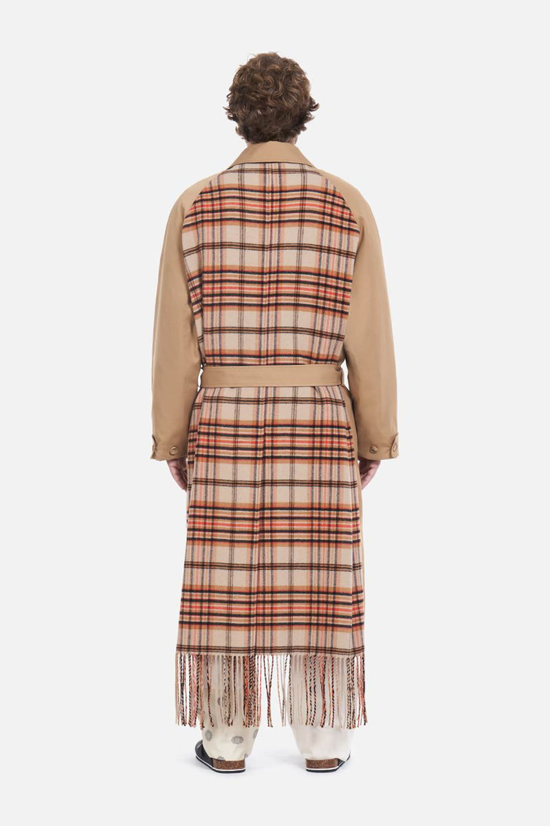 Mathi Janu => Tartan-combined trench coat in camel Outerwear - BREMBATI