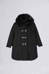 Alba Ruffo => CROPPED WOOL-BLEND BOUCLE COAT CAPE WITH REMOVABLE FAUX FUR COLLAR BLACK COLOR Outerwear - BREMBATI