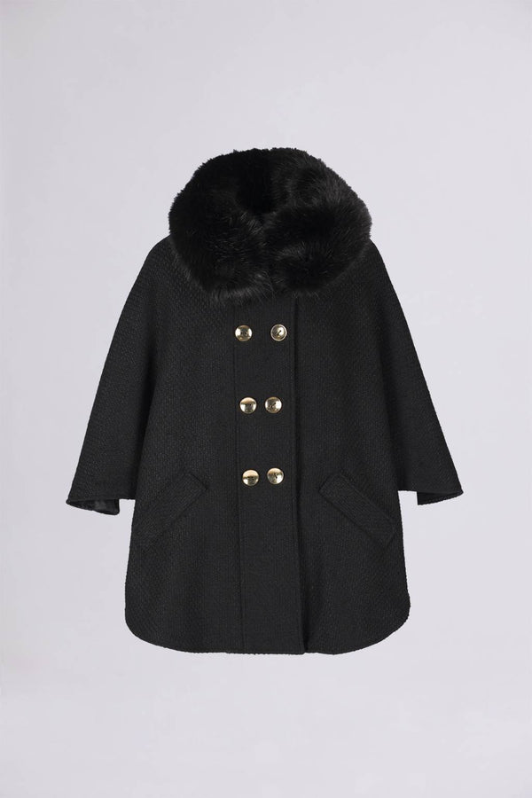 Alba Ruffo => CROPPED WOOL-BLEND BOUCLE COAT CAPE WITH REMOVABLE FAUX FUR COLLAR BLACK COLOR Outerwear - BREMBATI