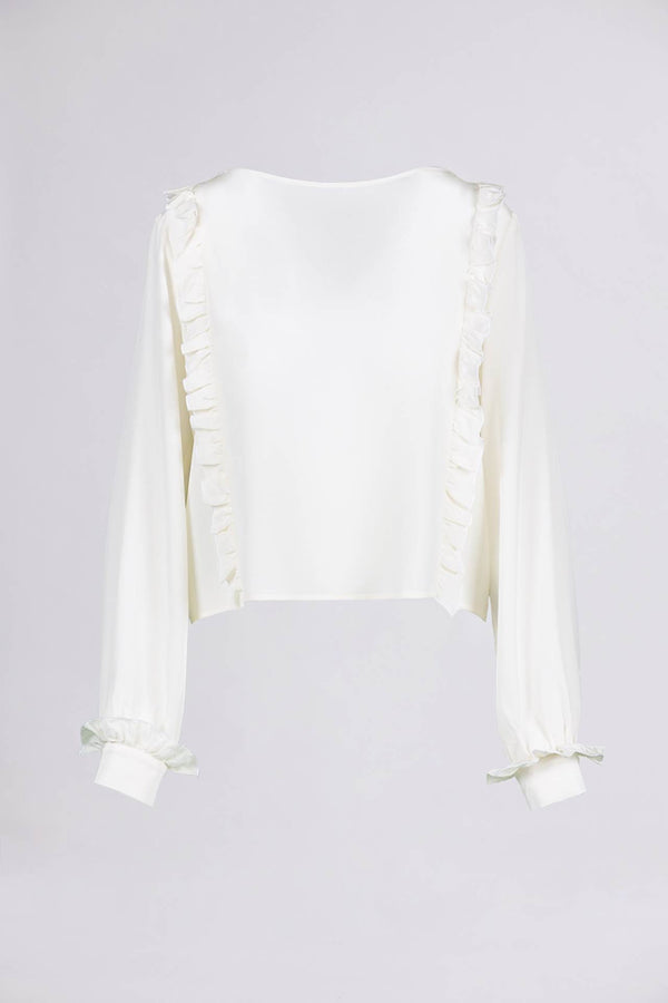 Alba Ruffo => RUFFLE-TRIMMED SILK BLOUSE Ivory Shirts - BREMBATI