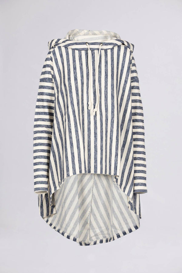 WIR - Wrong is right => ASYMMETRIC COTTON MIDI HOODIE-PONCHO Striped pattern, White and Navy Sweaters - BREMBATI