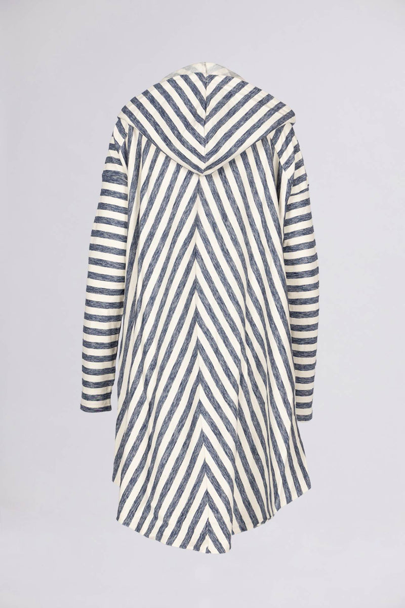 WIR - Wrong is right => ASYMMETRIC COTTON MIDI HOODIE-PONCHO Striped pattern, White and Navy Sweaters - BREMBATI