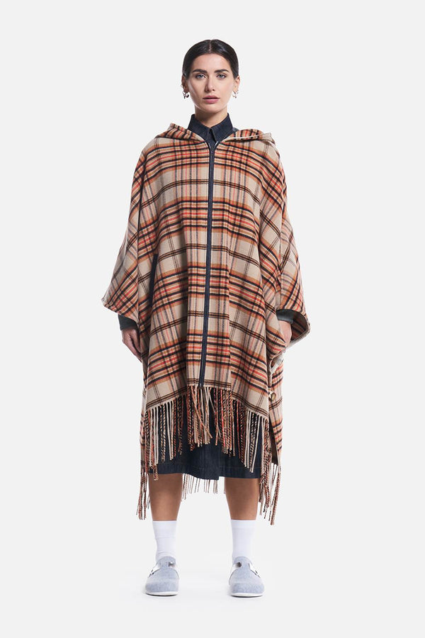 Mathi Janu => Checked wool-blend fringed cape Outerwear - BREMBATI