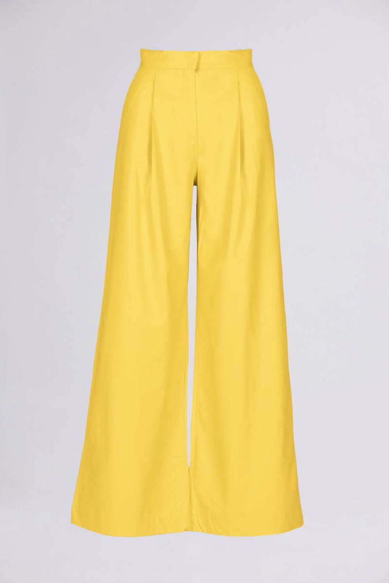 PLEATED WIDE-LEG FAUX LEATHER TROUSERS Yellow