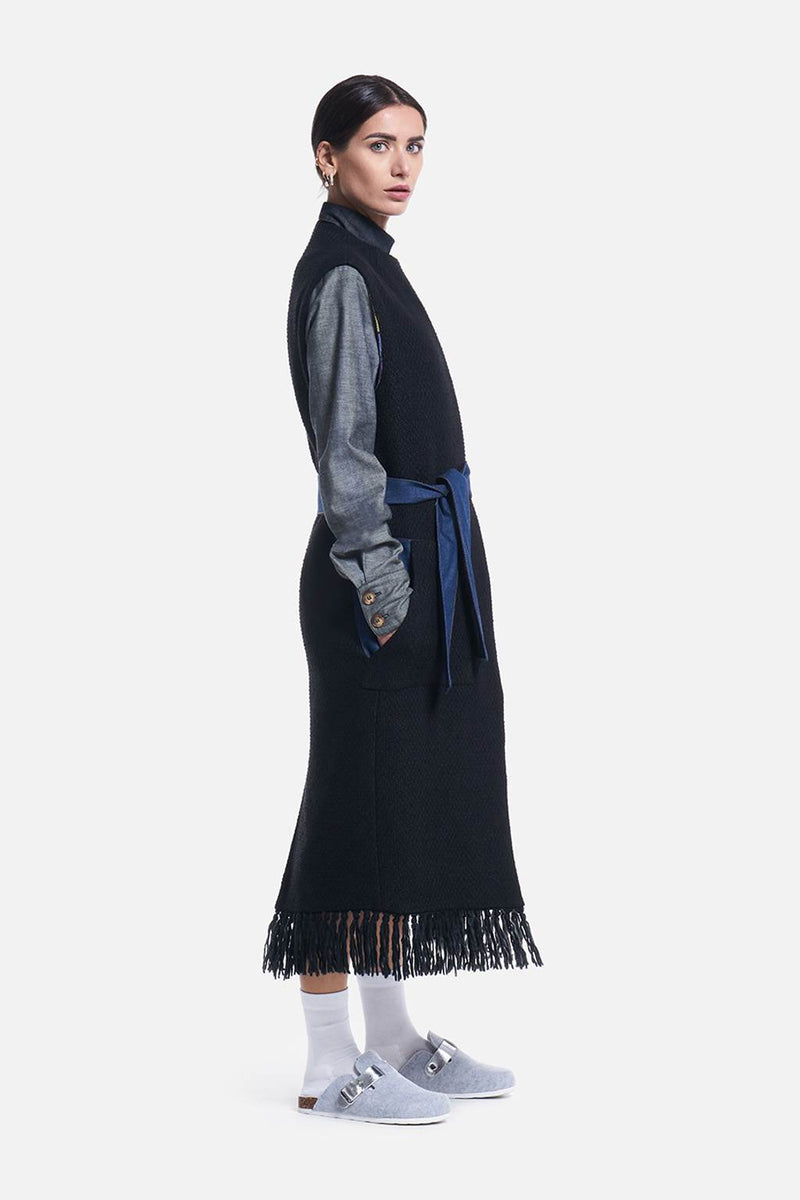 Mathi Janu => Wool-blend fringed long vest in black Outerwear - BREMBATI