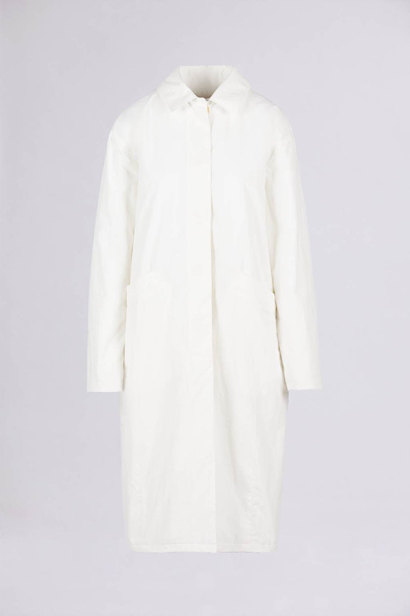 PADDED SINGLE-BREASTED MAXI RAINCOAT IN CHALK WHITE NYLON PAPER EFFECT