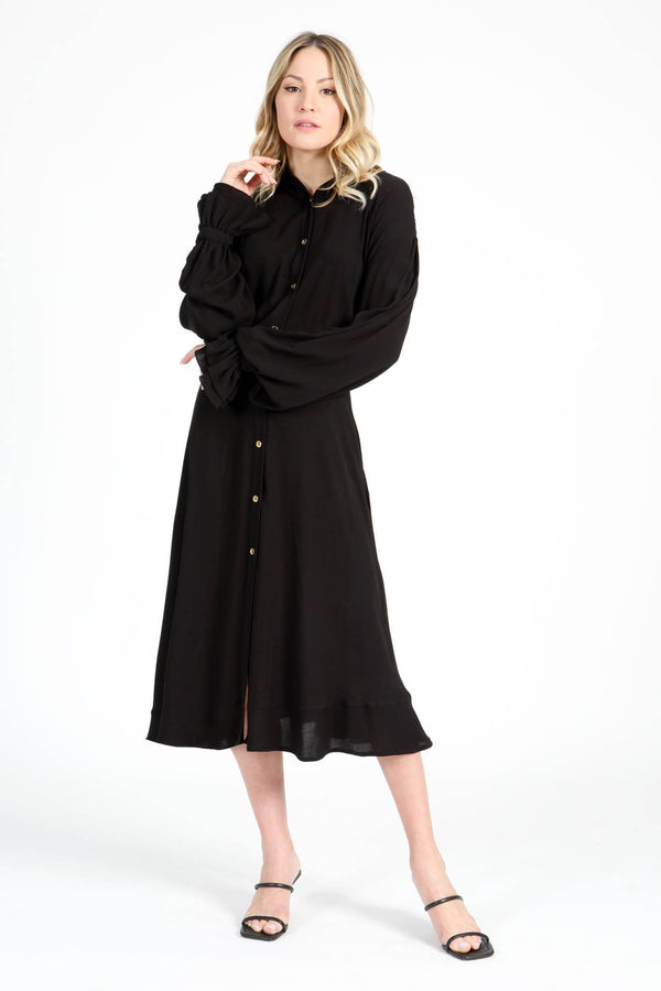 Alba Ruffo Shoulder ruffles black long shirt dress for women
