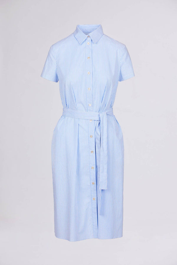 Light blue cotton shirt dress with white stripes and short sleeves