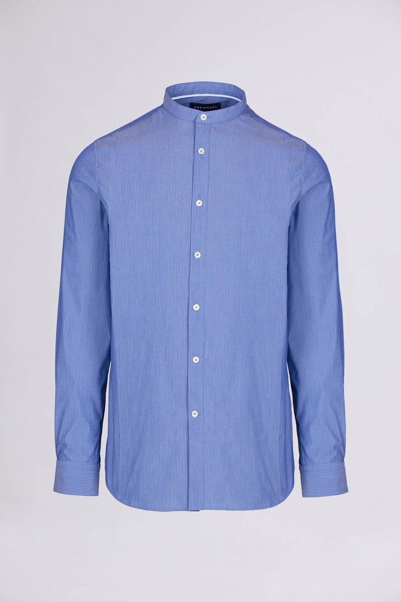 BREMBATI => Regular-Fit Grandad-Collar Cotton Shirt in Blue Shirts - BREMBATI