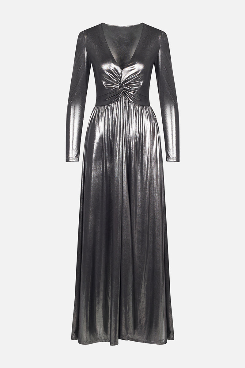 Twist Wrap long Dress in Metallic Silver BREMBATI