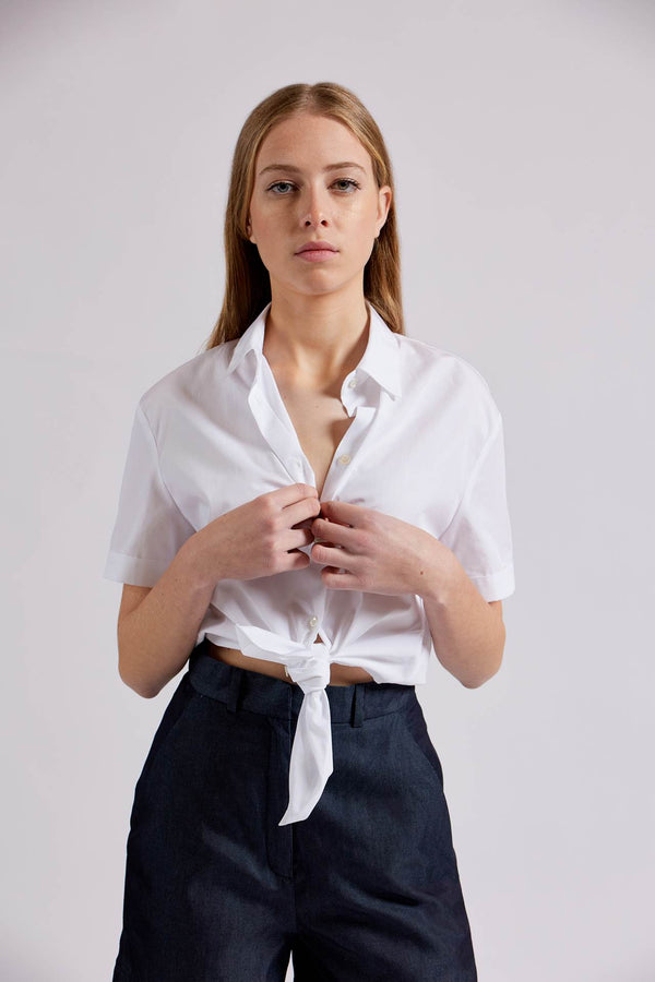White cotton short-sleeve cropped shirt with bow tie at waist BREMBATI