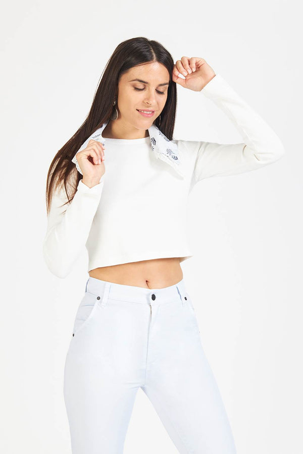 Millenee White ribbed crop top removable collar