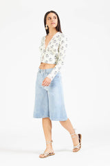 Millenee Off-white crop blouse with all-over pattern