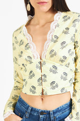 Millenee Yellow crop blouse all-over pattern