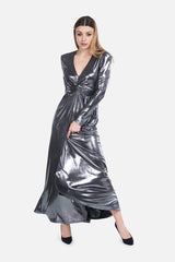 Twist Wrap long Dress in Metallic Silver BREMBATI